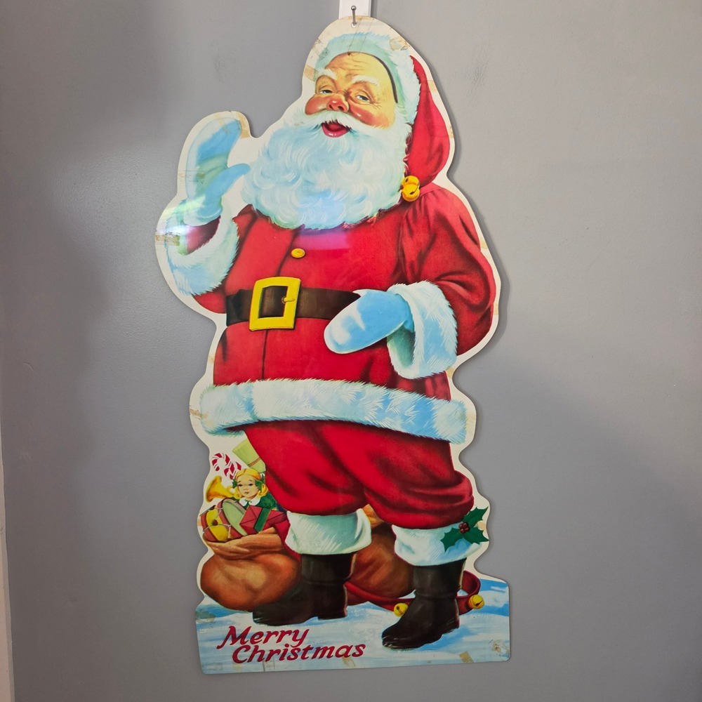 Vtg MCM Santa Claus Plastic Cutout Window Door Decor Merry Christmas 32" 1960's